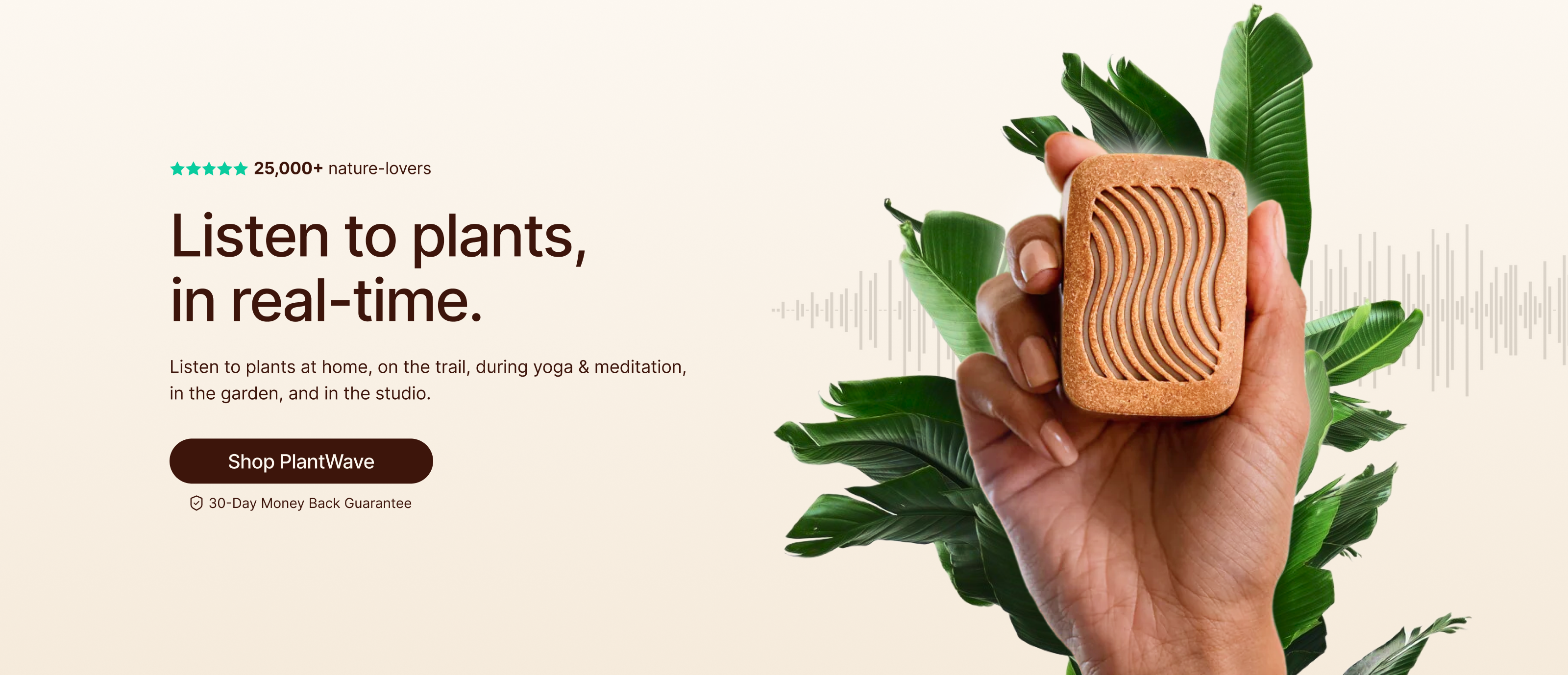 PlantWave plant music device held in hand, generating real-time music from plant signals connected to a living plant